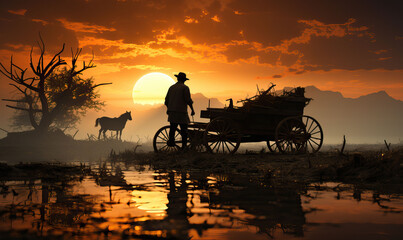 Rural life of an Asian rural man driving a mule harnessed to a cart