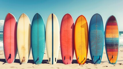 Colorful surfboards on sunny beach ready for waves next to sea, copy space for text