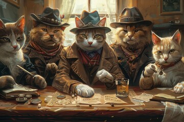 A pet detective agency solving the case of the missing catnip, with a team of clever cats and dogs in detective hats. - obrazy, fototapety, plakaty