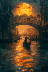 Man paddling gondola at dusk under bridge, admiring sunset over horizon - obrazy, fototapety, plakaty