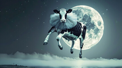 A cow wearing a tutu and ballet slippers, gracefully leaping over the moon