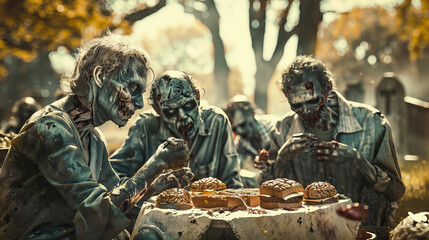 Fototapeta premium A group of zombies having a picnic in a graveyard, complete with brain-shaped sandwiches.