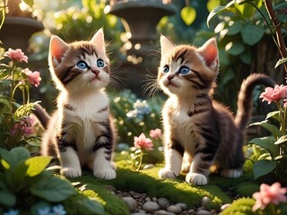 Adorable cute kitten with blue eyes in sunny garden surrounded by flowers .created by generative AI