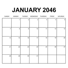 january 2046. monthly calendar design. week starts on sunday. printable, simple, and clean vector design isolated on white background.