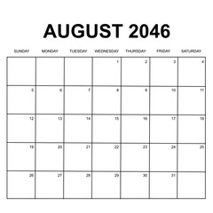 august 2046. monthly calendar design. week starts on sunday. printable, simple, and clean vector design isolated on white background.