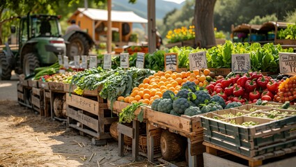 A bustling farm-to-table market scene, where fresh, organic produce meets innovative farm machinery, encapsulating the essence of modern sustainable agriculture - obrazy, fototapety, plakaty
