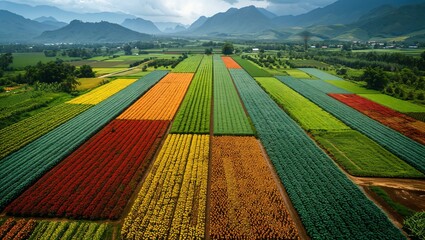 Aerial view of crop rotation fields, a patchwork of different crops in vibrant colors, showcasing sustainable farming practices