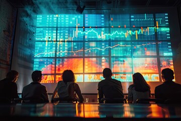 A group of investors watching a live stock market update on a big screen