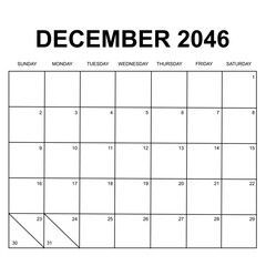 december 2046. monthly calendar design. week starts on sunday. printable, simple, and clean vector design isolated on white background.