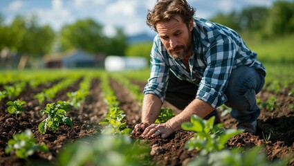 Soil health investigation, farmer analyzing soil quality in a field, promoting organic farming, essential for sustainable agriculture