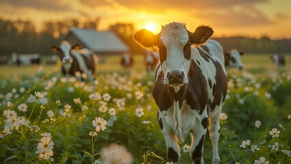 Dairy farming at dawn, herd of cows grazing in a lush pasture, traditional barn in the background, essence of sustainable animal husbandry - obrazy, fototapety, plakaty
