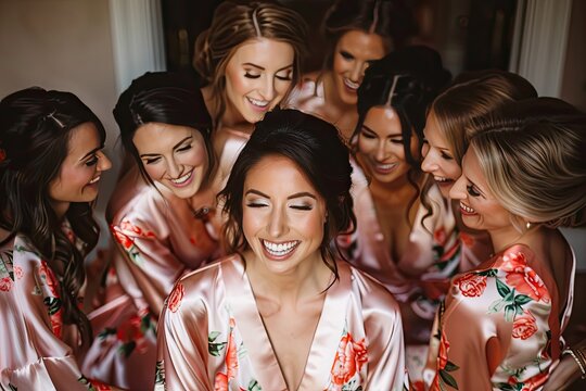 A glamorous bridal party getting ready in matching silk robes