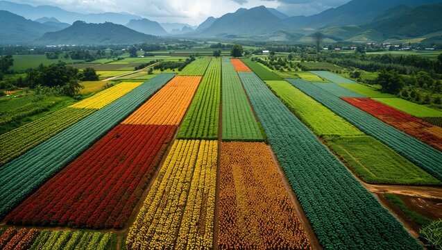 Aerial view of crop rotation fields, a patchwork of different crops in vibrant colors, showcasing sustainable farming practices