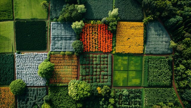 Aerial view of crop rotation fields, a patchwork of different crops in vibrant colors, showcasing sustainable farming practices