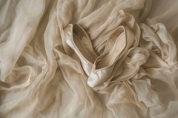 A pair of ballet slippers positioned on a soft neutral-toned fabric - obrazy, fototapety, plakaty