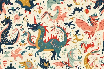 a pattern themed featuring dragons unicorns