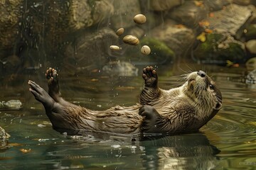 A playful otter floating on its back while juggling pebbles in a serene river