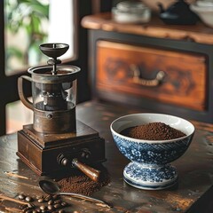 A coffee grinder and freshly ground coffee beside a vintage coffee press evoking a sense of tradition