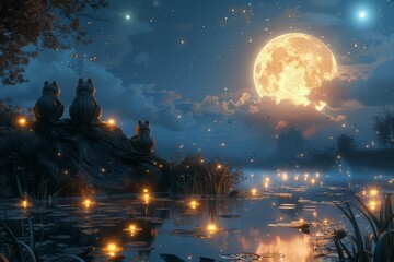 Obraz premium An enchanted pet garden party under the full moon, with fireflies providing the lighting and a frog quartet playing classical music.