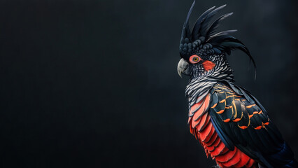portrait of a black and red cockatoo with empty copy space for text. - obrazy, fototapety, plakaty