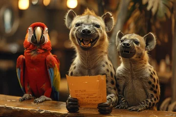 Crédence de cuisine en verre imprimé Hyène A comedy club in the animal kingdom where laughing hyenas and witty parrots share jokes and funny tales.