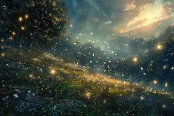 Naklejka premium A meadow where falling stars turn into gemstones