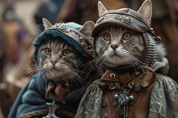A pet renaissance fair where animals dress as knights and maidens, participating in jousting tournaments and feasting on medieval treats. - obrazy, fototapety, plakaty