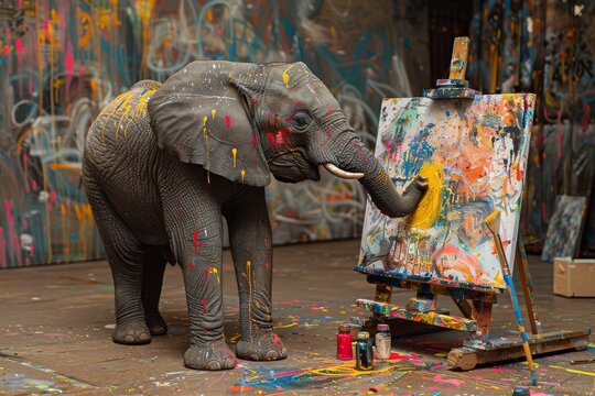 An elephant painter creating abstract art with its trunk, in a studio filled with colorful splashes and brushes.