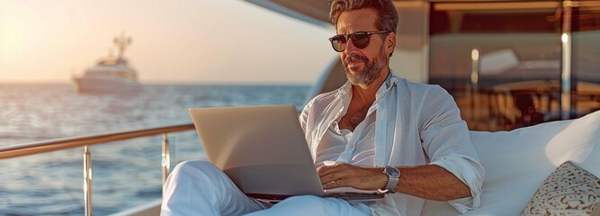 On a boat, a happy, attractive man with spectacles, a long shirt, and white jeans uses a laptop.