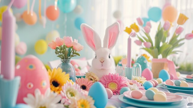 Table with Colorful dyed eggs and rabbit ears, flowers and easter bunny for festive Easter celebration at home.