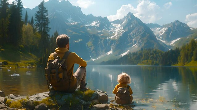 4K HD video clips A father and his child happily camping amidst beautiful nature, reminiscing about Father's Day.
