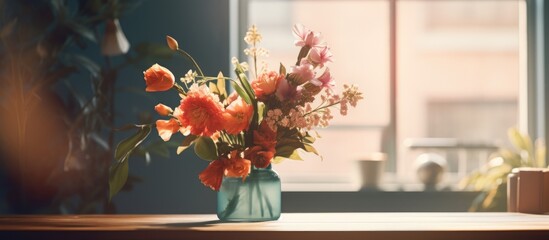 A beautiful flower arrangement sits in a vase on a table by a window, showcasing the vibrant colors and delicate petals of the flowering plants