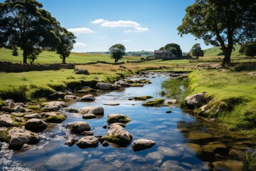 Fototapeta na wymiar Water flowing through grassy field with rocks and trees under sky