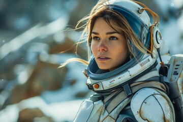 Female Astronaut in Futuristic Space Suit Exploring a Snow-Covered Alien Planet Landscape