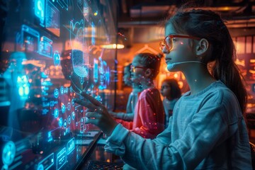 Two Young Girls Engaged in Interactive Digital Learning at a High-Tech Education Facility with Futuristic Neon Lighting