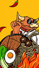 Original hand drawn cartoon delicious beef noodles illustration poster material
