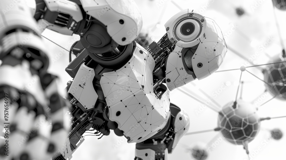 Poster futuristic white robot connecting in digital network with dots and lines, 3d rendering concept