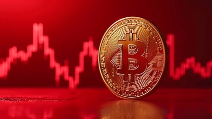 Bitcoin cryptocurrency price value Falling drop concept; bitcoin price down on red candle-stick chart background,