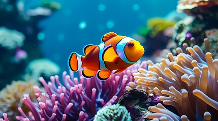 Colorful clownfish swims gracefully among vibrant corals