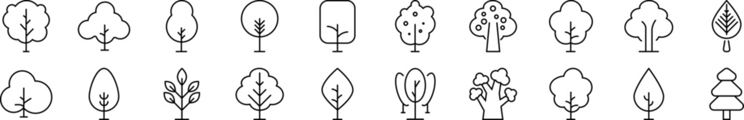 Set of Linear Signs of Tree Drawn with Thin Line. Editable stroke. Simple outline sign for web sites, newspapers, articles book