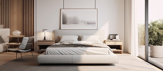 A comfortable bedroom in a building with a large bed and a large window. The room is furnished with wooden furniture and a stylish bed frame, creating a cozy interior design