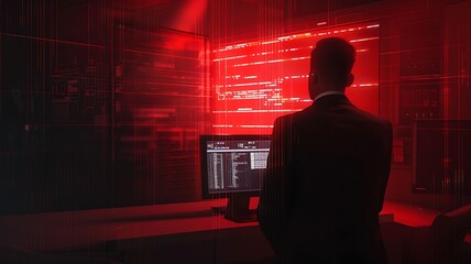 Computer screen with ransomware attack file encrypted alerts in red and a man in suit get stress in a dark room, ideal for online security failure and digital crime, long exposure selective focus. Gen