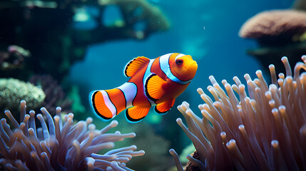 Colorful clownfish swims gracefully among vibrant corals
