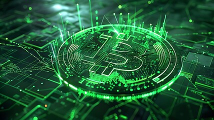 Fototapeta premium Glowing green bitcoin crypto currency. Illustration of digital crypto currency bitcoin made up of dots and lines, geometric big bitcoin logo icon. Generative AI