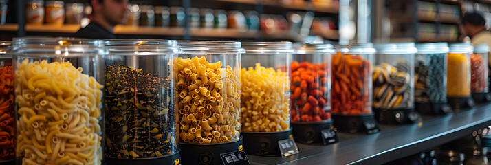 dried fruits and vegetables in the market,
Close Up of Food Dispensers with Dried Pasta