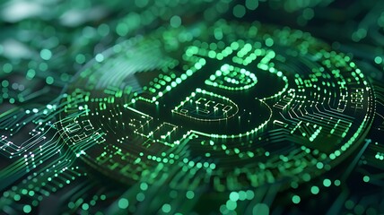 Glowing green bitcoin crypto currency. Illustration of digital crypto currency bitcoin made up of dots and lines, geometric big bitcoin logo icon. Generative AI - obrazy, fototapety, plakaty