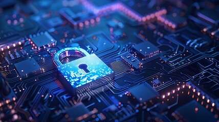 Cybersecurity Network Privacy protection: Digital padlock safeguarding computing systems against fraud and data privacy, circuit board background, Network protection. cyberspace locked.