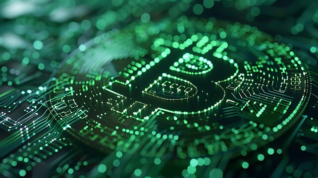 Glowing green bitcoin crypto currency. Illustration of digital crypto currency bitcoin made up of dots and lines, geometric big bitcoin logo icon. Generative AI