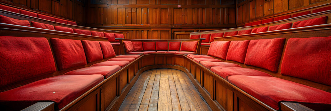red seats in the stadium,
Empty Jury Seats in Courtroom 
