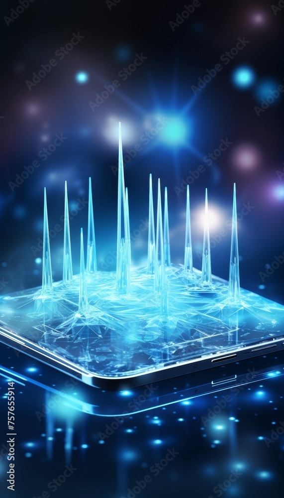 Poster high tech secure home network router hologram on blurred background with copy space
